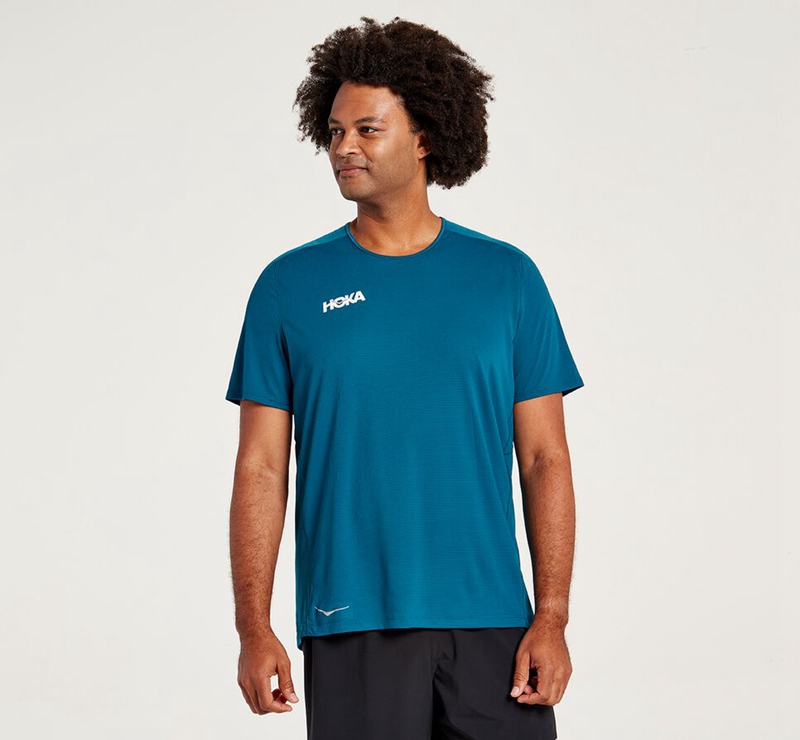 Hoka Performance Short Sleeve Men's Running Tops Navy | 50943-ZKDH