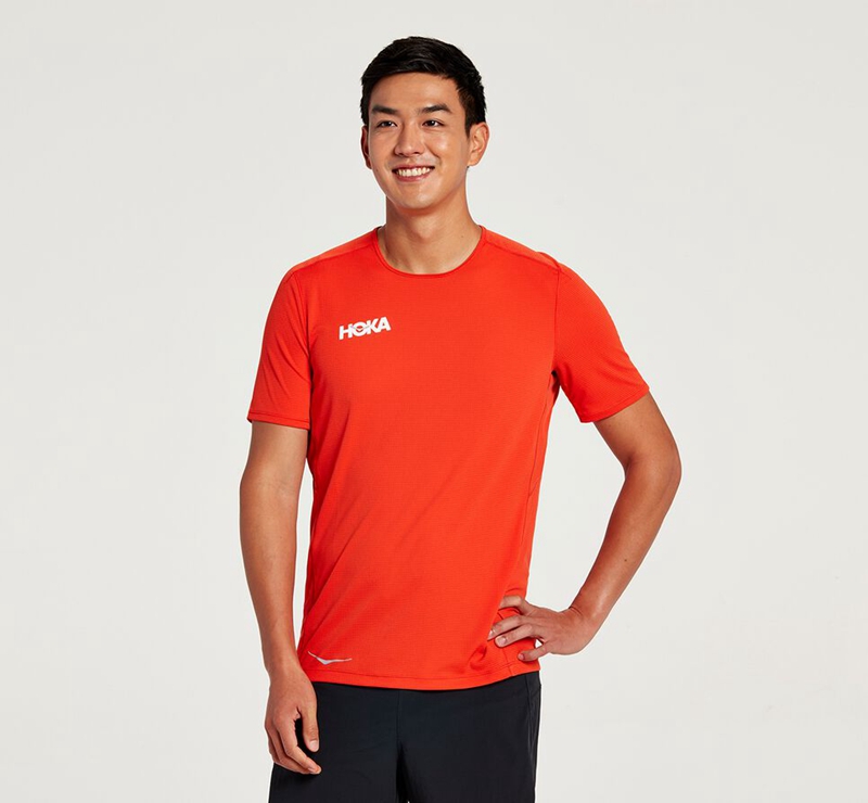 Hoka Performance Short Sleeve Men's Running Tops Red | 59603-DCJV