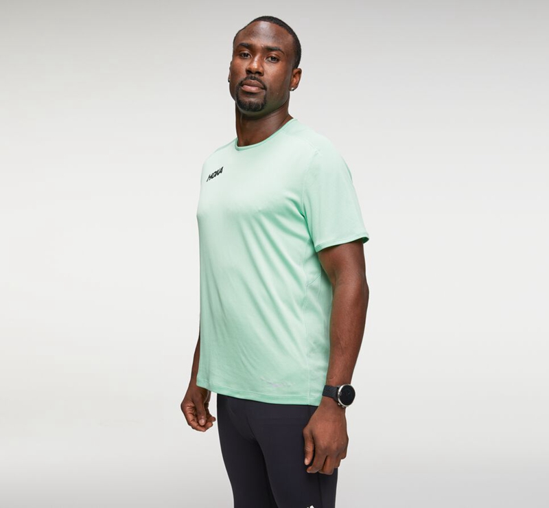 Hoka Performance Short Sleeve Men's Running Tops Green | 90264-IEPK